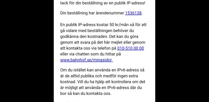 Skärmbild av e-post från Bahnhof som informerar om kostnaden för en publik IP-adress och kontaktuppgifter.