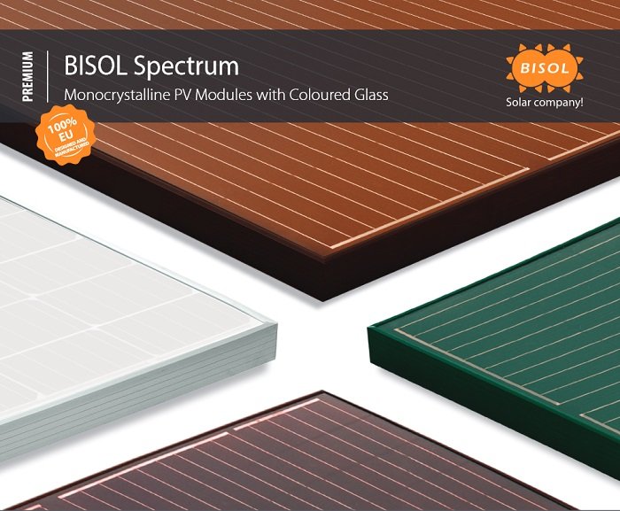 Monokristallina solpaneler i olika färger från Bisol Spectrum serien.