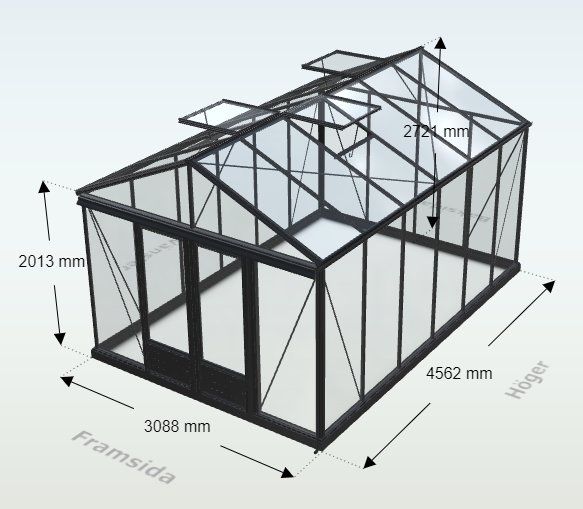 3D-rendering av ett Willab Euro-Serre Maxi 4 växthus med måttangivelser, glaspaneler och svart stomme.