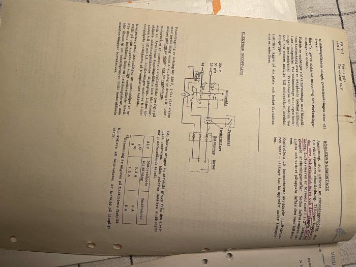 Öppen manual med diagram och text avsedd för elektrisk koppling, fotograferad diagonalt och på lutande underlag.