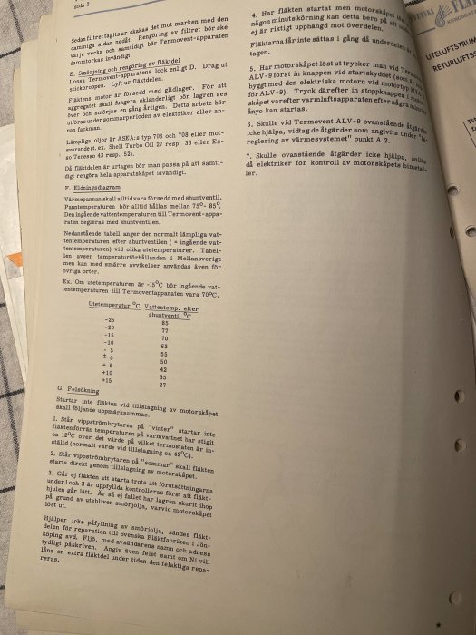 Öppen manual med text och tabeller relaterade till termoventilunderhåll och felsökning innefattande temperaturvärden.