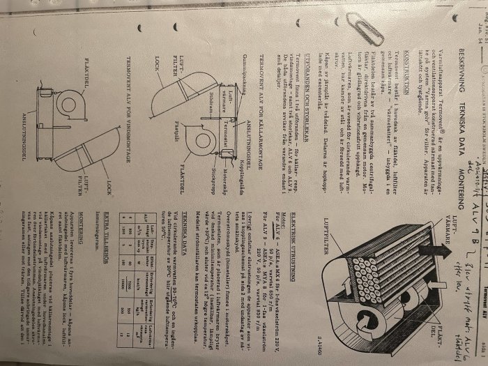 Illustration av en luftfälla med beskrivande text och tekniska specifikationer på svenska från en manual.