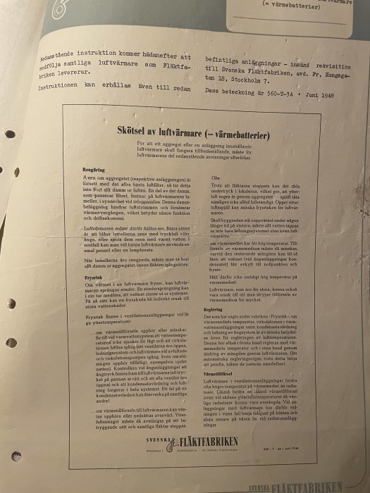 Sida ur en äldre svensk manual från 1948 med text om skötsel av luftvärmare från Svenska Fläktfabriken.