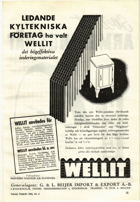 Svartvit illustration av Wellit isoleringsmaterial med text och företagsinfo från Teknisk Tidskrift 1942.