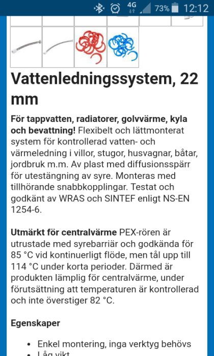 Skärmklipp av en webbsida med textinformationslydande "Vattenledningssystem, 22 mm" samt en grov skiss av rörledningar och element.