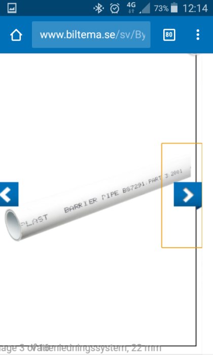 Skärmbild från en webbutik som visar en vit rörsektion med texten "Plast Barrier Pipe B5729".