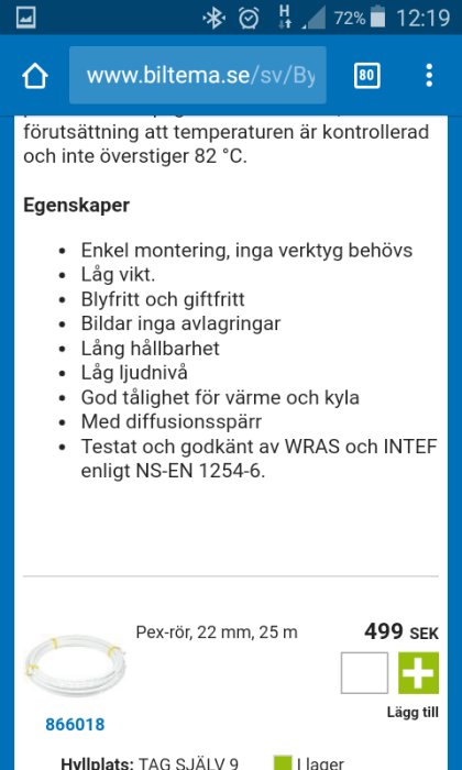 Skärmbild från Biltemas webbplats med produktinformation om PEX-rör.