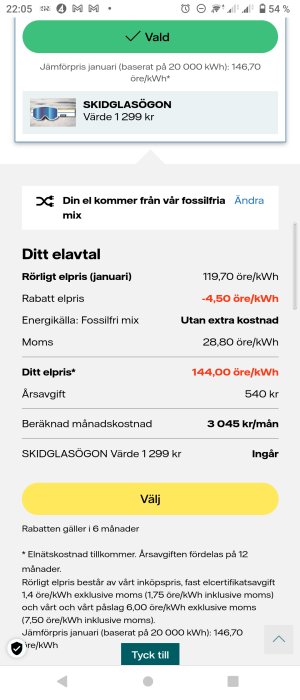 Skärmdump av Vattenfalls webbsida med elavtal, visar prisinformation och kampanj med skidglasögon.