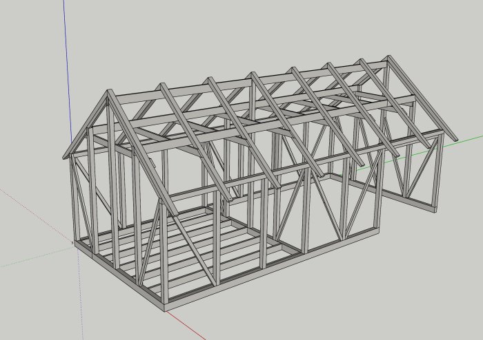 3D-modell av en uppgraderad trästomme för byggnad med tydliga syllar, hammarband och tväråsar.