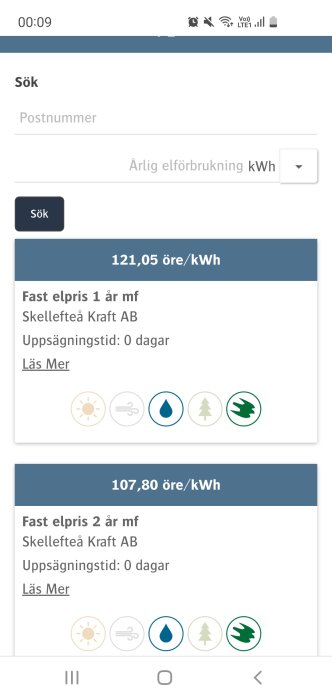 Skärmdump av webbsida som visar jämförelse av fasta elpriser med prisangivelser och symboler för sol, vatten och skog.