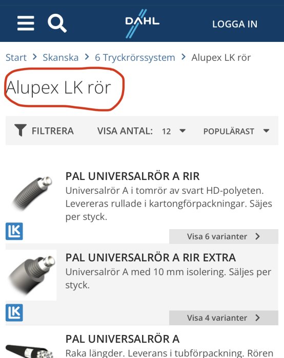 Skärmdump från Dahl med sökresultat för 'Alupex LK rör', visar olika typer av PAL universalslangar.