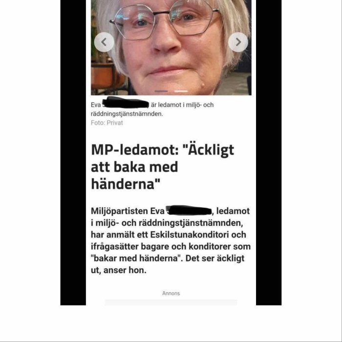 Skärmdump av en artikel med en kvinna med glasögon, där hennes namn och text är delvis utelämnat.