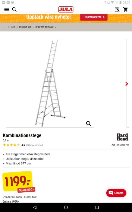 Utskjutbar kombinationsstege i aluminium med V-formation och stjälpskydd, tvådelad och ihopsättbar.