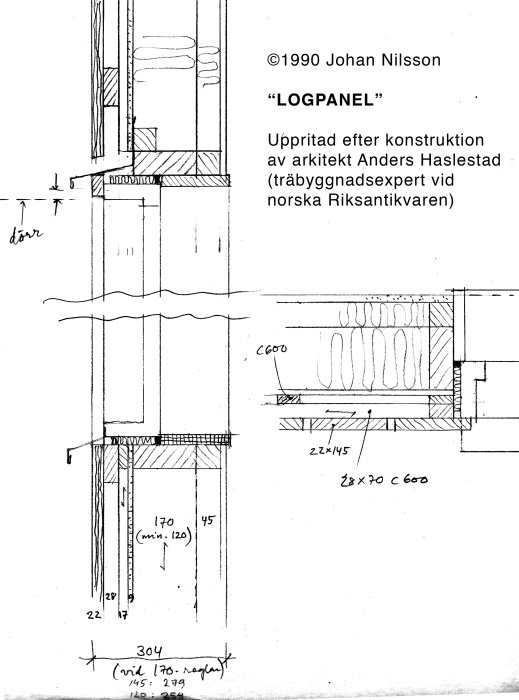 Arkitektritad skiss av väggkonstruktion med logpanel och måttangivelser, betecknad "LOGPANEL" och daterad 1990.