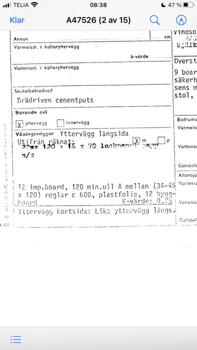 Dokument med byggspecifikationer för yttervägg, märkningar synliga runt impregnerad board.