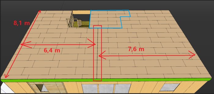 3D-schematisk bild av ett spångolv med generalskarv och måttmarkeringar, nedsänkt område i blått.