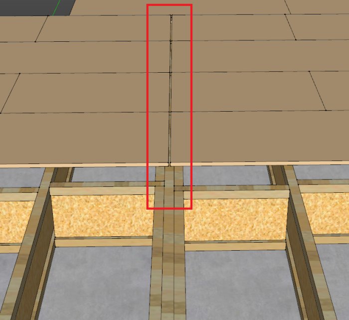 3D-modellerat golv med generalskarv och rörelsefog markerad med röd rektangel.