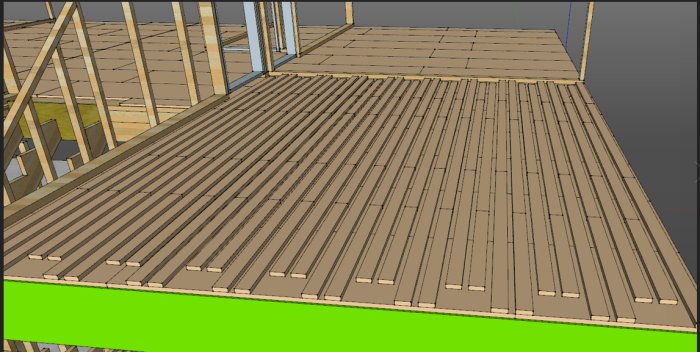 3D-modell av övervåningsgolv under konstruktion med golvspån och avstånd för värmeslingor.