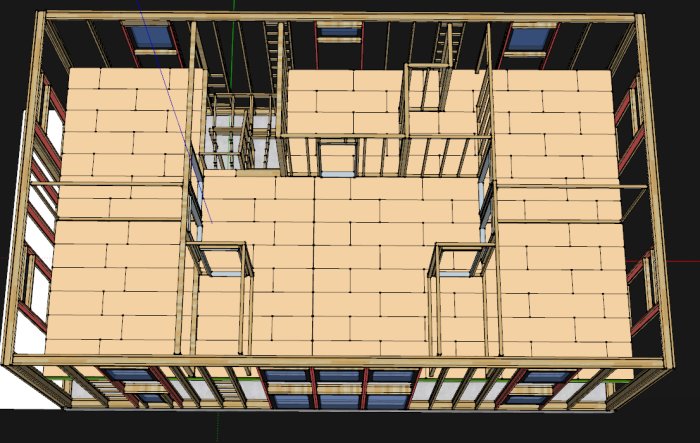 3D-ritning av ett husstomme utan väggar över en skarv, med synlig träkonstruktion och golvyta.