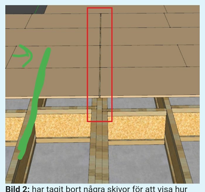 3D-visualisering av träbjälklag med markerad bjälke som saknar kortskarvar.