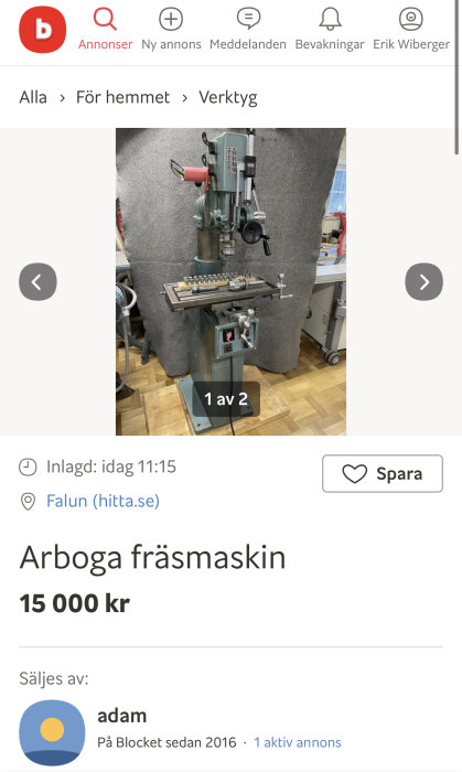 Arboga fräsmaskin på grått underlag framför specklad vägg, till salu för 15 000 kr, skick: använd.