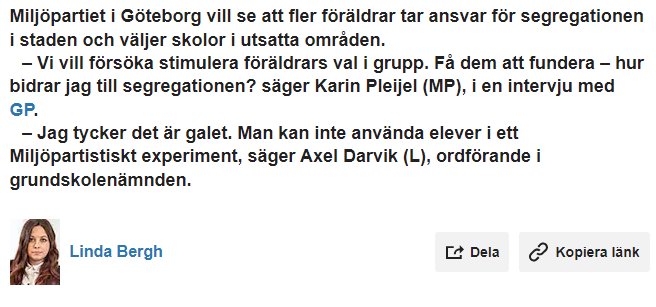 Skärmdump av en nyhetsartikel med citat om skolansvar och segregation i Göteborg.