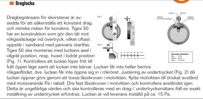 Illustration av Tigex dragluckor för skorstenar med instruktioner om installation och justering av undertrycket för olika bränsletyper.