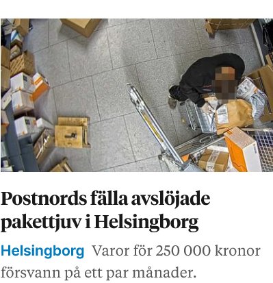 Övervakningsbild på en person som står omgiven av flera paket.