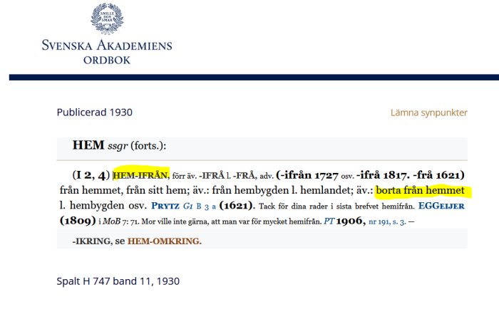 Skärmdump från Svenska Akademiens Ordbok med definitionen av "HEM-IFRÅN" markerad.