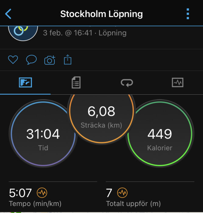 Skärmdump av träningsapp som visar löpstatistik, inklusive sträcka 6,08 km, tid 31:04 och 449 förbrända kalorier.