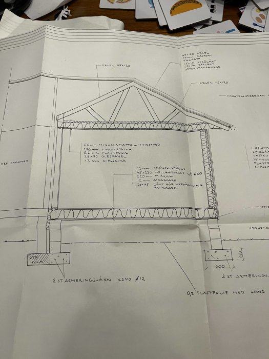 Byggritning som visar sektion av takkonstruktion med mått och materialspecificerad.