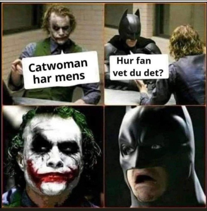 Meme med filmkaraktärerna Joker och Batman som pratar via skyltar, med komisk text på svenska.