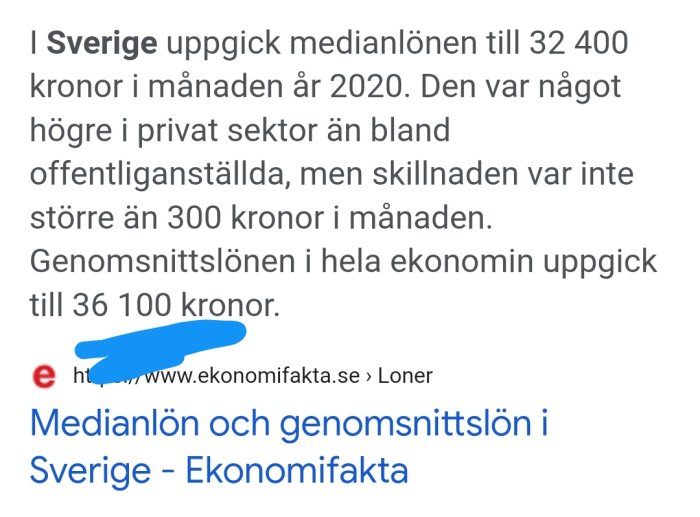 Skärmdump av text som diskuterar medianlön och genomsnittslön i Sverige år 2020.