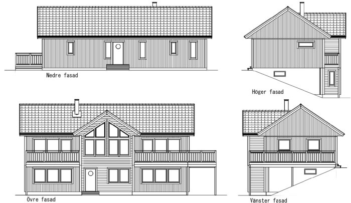 Arkitektonisk ritning av ett suterränghus med fyra fasadvyer, inklusive ingång på undervåningen och balkong på övre våningen.