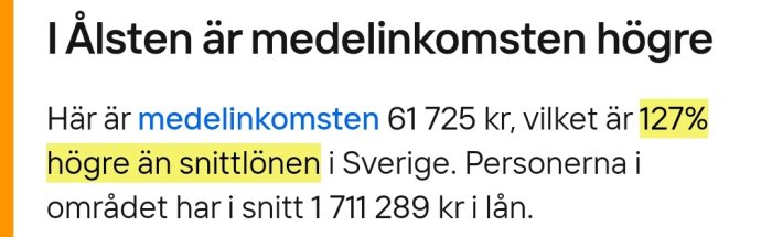 Statistik över medelinkomsten i Älsten som är 127% högre än Sveriges snittlön, samt snittlån i området.