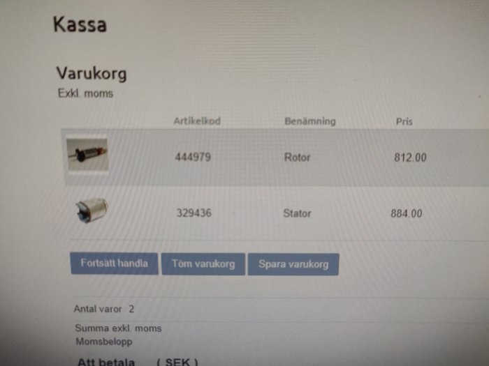 Skärmdump av en varukorg med två byggartiklar, en rotor och en stator, med priser.