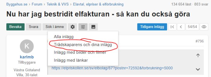 Skärmdump av diskussionsforum med markerad flik "Trådskaparens och dina inlägg".