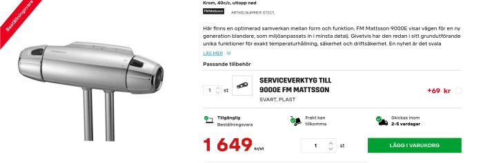 Bild på FM Mattsson 9000E kran med produktinformation och pris på en webbshopsida.