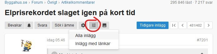 Skärmbild av ett forum där filter-knappen i en diskussionstråd är markerad och endast ett alternativ visas.