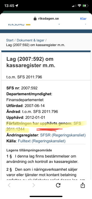 Skärmklipp av en upphävd lagtext om kassaregister från riksdagens webbplats, markerad med gul text.