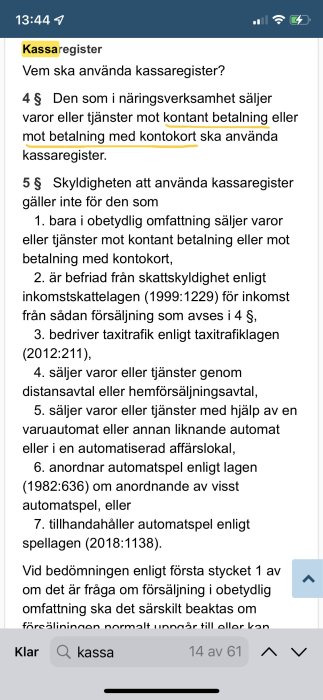 Skärmdump av svensk lagtext om användning av kassaregister relaterad till försäljning och betalningar.