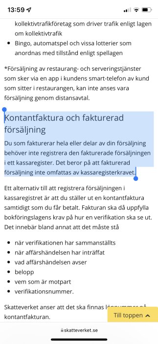 Skärmdump från Skatteverkets webbsida om undantag från kassaregisterkravet.