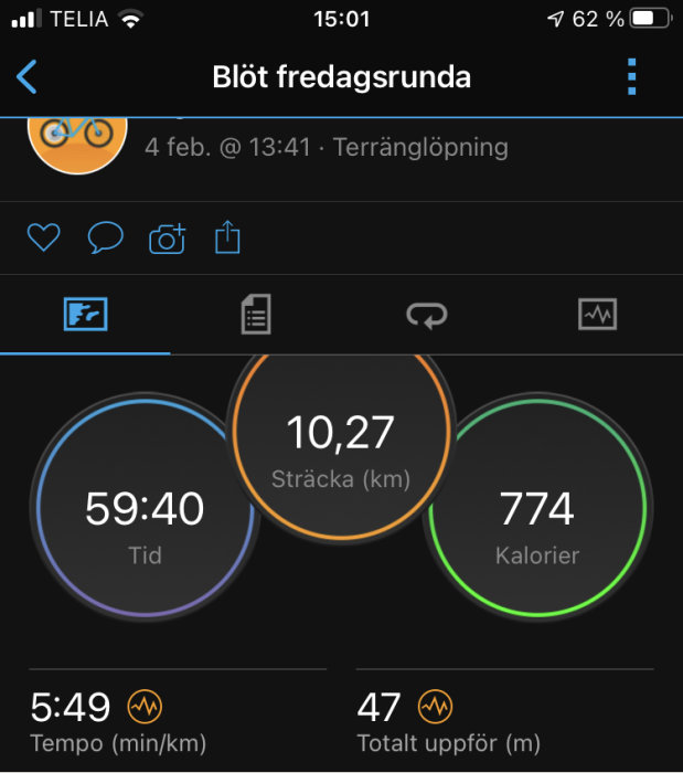 Skärmavbild av löpapp med statistik: 10,27 km sträcka, 59:40 tid, 774 kalorier, 5:49 tempo, 47 m total stigning.