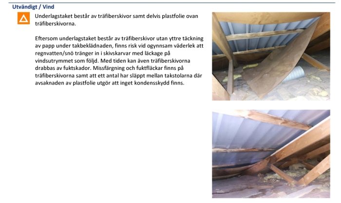 Två bilder på ett vindutrymme med träfiberskivor och partiellt synlig plastfolie, visar tecken på fuktskador och missfärgningar.