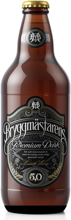 En brun glasflaska med etikett för Bryggmästarens Premium Dark öl.