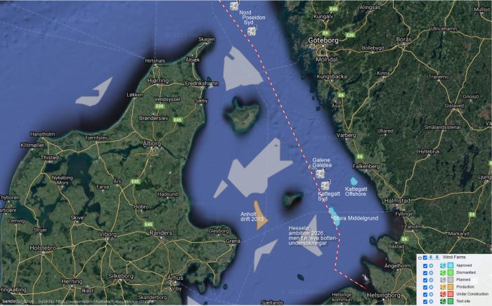 Karta över Kattegatt med markerade områden för befintliga och planerade havsbaserade vindkraftsparker.