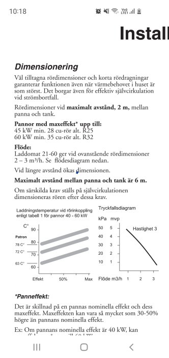 Sida ur manual för laddomat med rubriken "Dimensionering", innefattar rördimensioner och flödesschema för värmeanläggning.