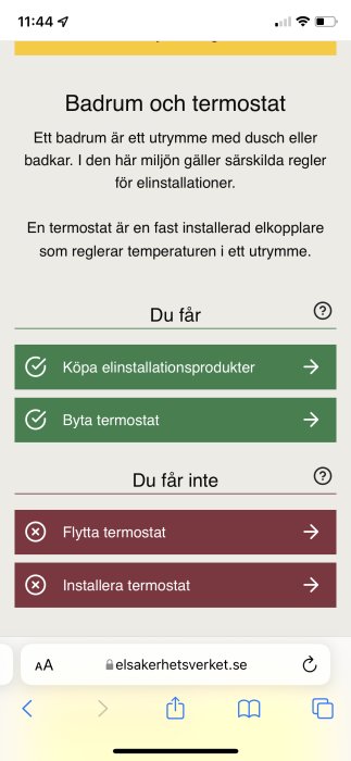 Skärmdump från Elsäkerhetsverkets hemsida med regler för badrum och termostatinstallation.