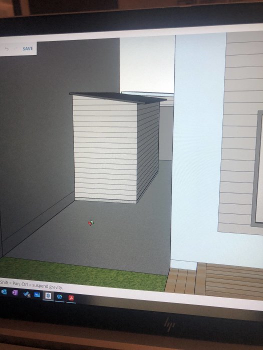 3D-modell av föreslaget fristående förråd på gjuten platta intill grannhus.