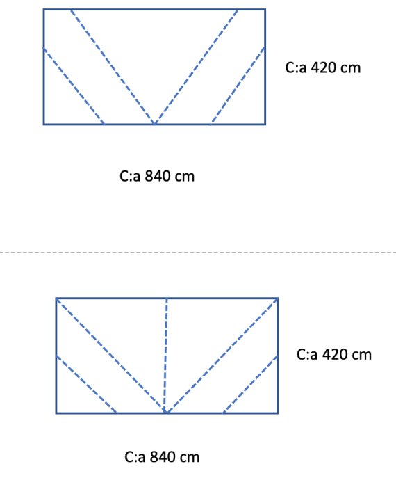 Två ritningsalternativ med mått för en konstruktionsdesign, övre med trianglar och nedre med central stödlinje.